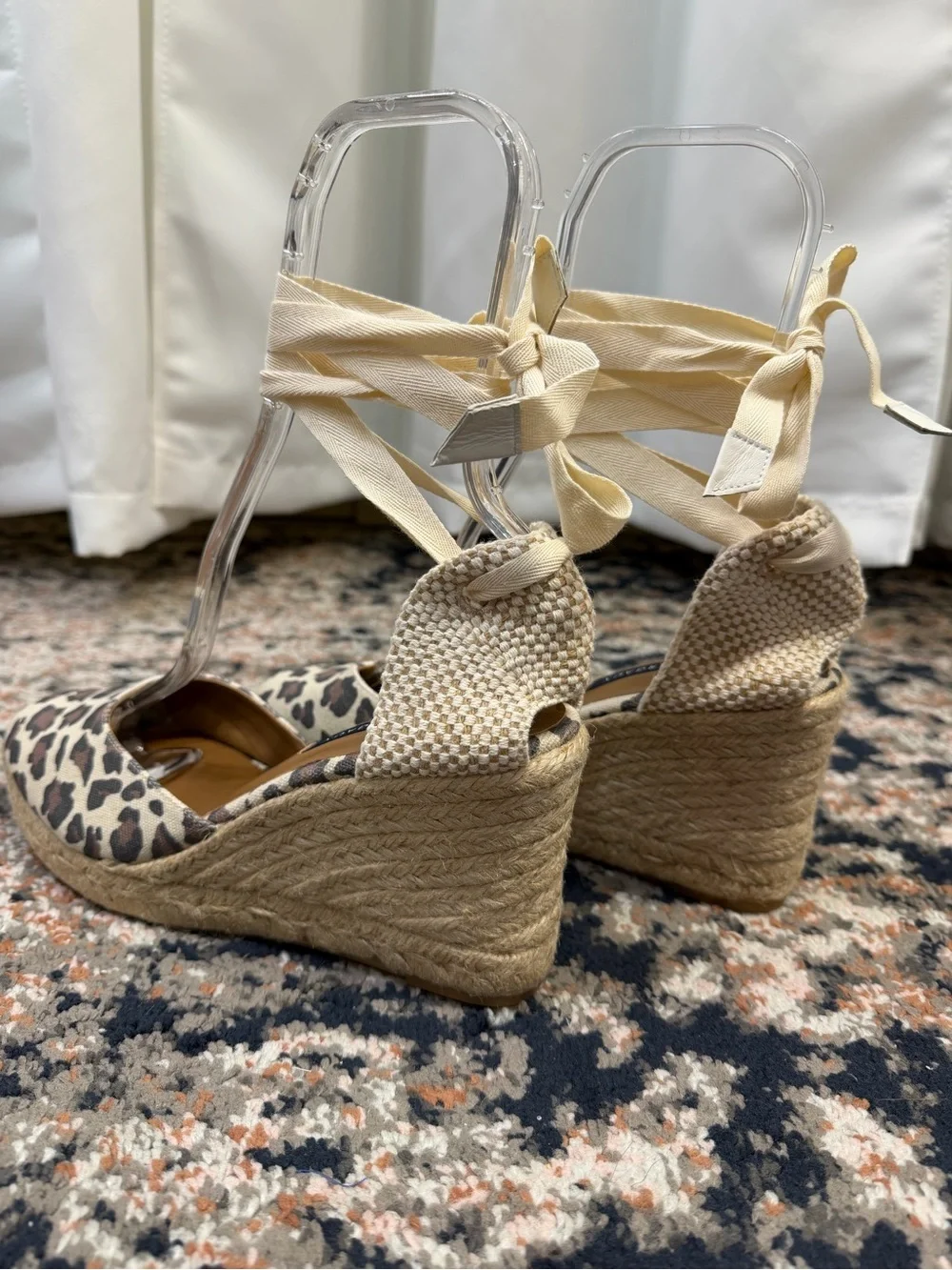 New Margaux Leopard Print Espadrille Wedges with Cream Ribbons.